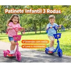 Patinete Infantil 3 Rodas com LED, Música, Cestinha – Regulável | Brinquedo Criança