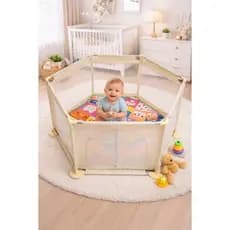 Cercadinho para Bebê Rister Baby Amarelo com Tela Respirável – Dobrável e com Tapete Colorido Seguro