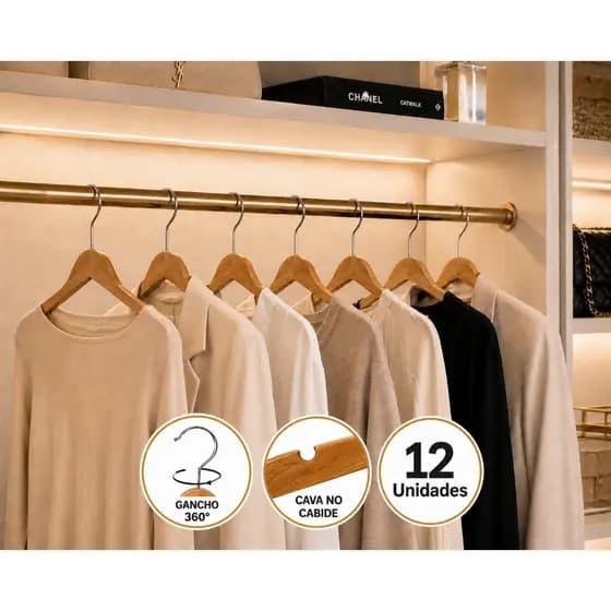 Kit 12 Cabides Madeira RRister Super Resistente para Adulto