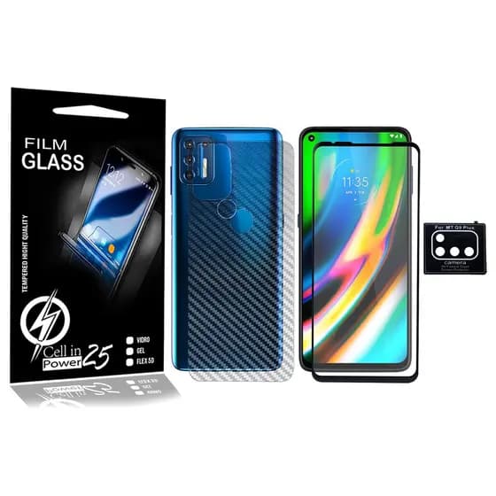 Pelicula Skin Fibra carbono + Pelicula De Vidro 3D  + Pelicula de camera Moto G9 Plus XT2087-1 (Tela 6.8)