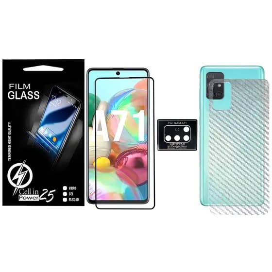 Pelicula Skin Fibra carbono + Pelicula De Vidro 3D  + Pelicula de camera Galaxy A71 A715 (Tela 6.7)