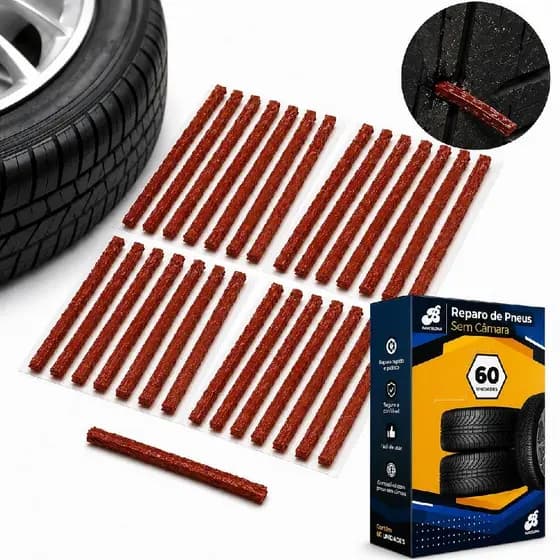 KIT REPARO PNEUS SEM CAMARA 60 MACARRAO REMENDO REFIL CARRO MOTO BIKE CAMINHAO BORRACHA CAIXA VEDA FURO EMERGENCIA