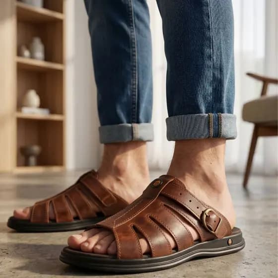sandalia chinela ortopédica masculina anti stress anatomica de couro legitimo confortavel
