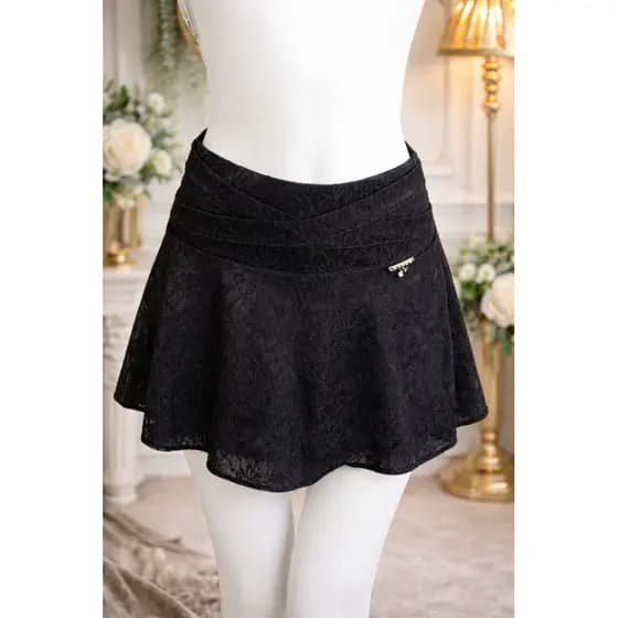 Saia Curta Feminina Tema Pluz Renda Preta Rodada Elegante Casual Chic Tamanho P