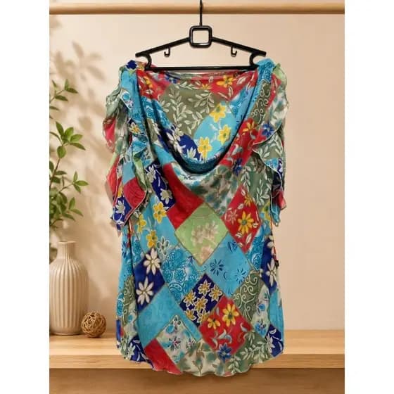 Blusa Feminina Estampada Floral Colorida Manga Babado Leve Tamanho G