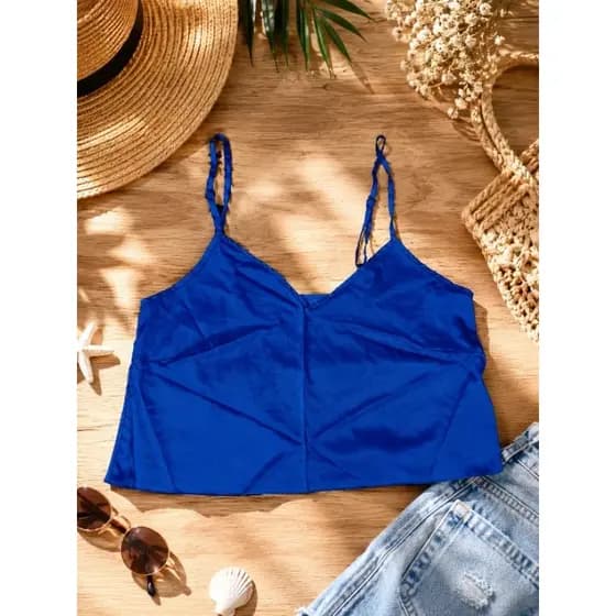 Cropped Feminino Azul Escuro Alcaçuz Alça Fina Soltinho 100% Poliéster Tam M