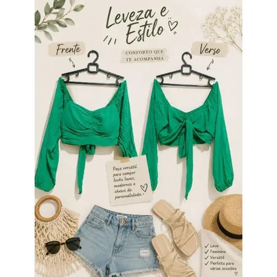Cropped Feminino Verde com Bojo Manga Longa Amarração nas Costas 100% Viscose Tamanho M