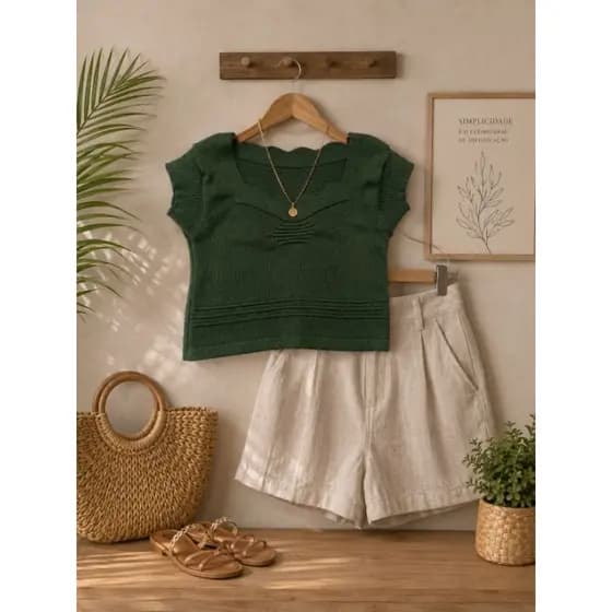 Cropped Tricô Feminino Verde Henry Malhas Decote Quadrado Manga Curta Tamanho M