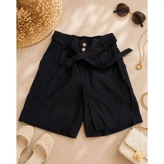 Shorts Feminino Alfaiataria Preto Cintura Alta Faixa Ajustável Viscose Tamanho G
