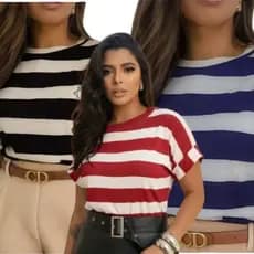Kit 3 Blusa Manga Dobrada Listra Grossa Feminina