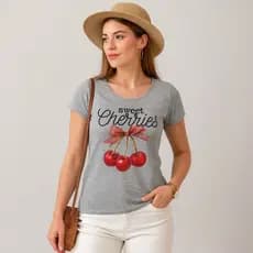 Blusa T-Shirt Feminina Estampa Cereja Camiseta Básica Algodão Confortável