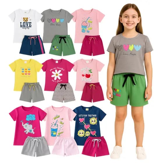 Kit 10 Peças de Roupas Infantil Menina 5 Conjuntos Verão Camiseta + Shorts 4 a 16 anos