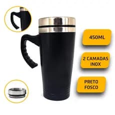 Garrafa Copo Inox 450ml Preto Fosco Alça Plástico Tampa Cerveja Suco Café
