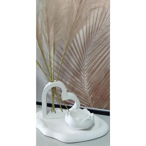 Kit decorativo vaso coração + castiçal flor + bandeja nuvem orgânica para casa sala quarto escritório