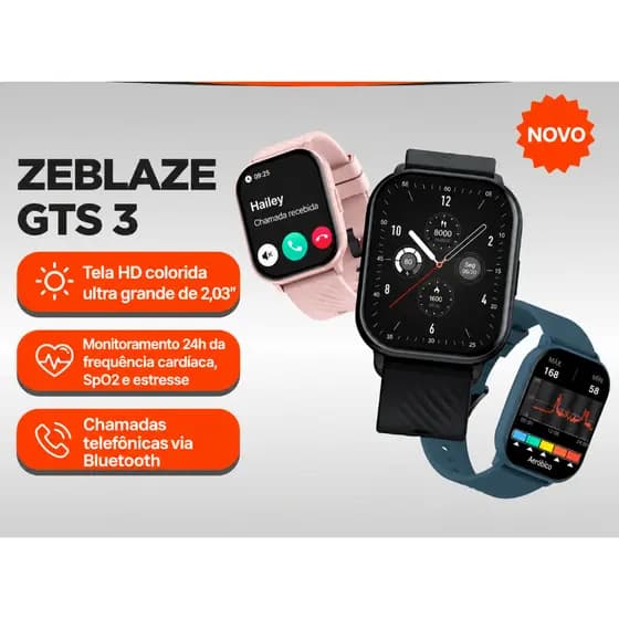 Smartwatch Zeblaze GTS 3 – Faz e Recebe Chamadas, Monitor de Saúde 24h, 100+ Esportes