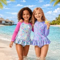 Maiô Infantil Manga Longa Proteção UV Praia Piscina Bebê 12-18M a 3-4Y Sereia e Conchas
