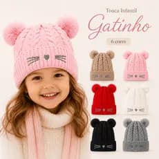 Touca Gorro Infantil Feminino e Masculino Gatinho Gato Forrada Com Pompom Gorro Inverno Frio