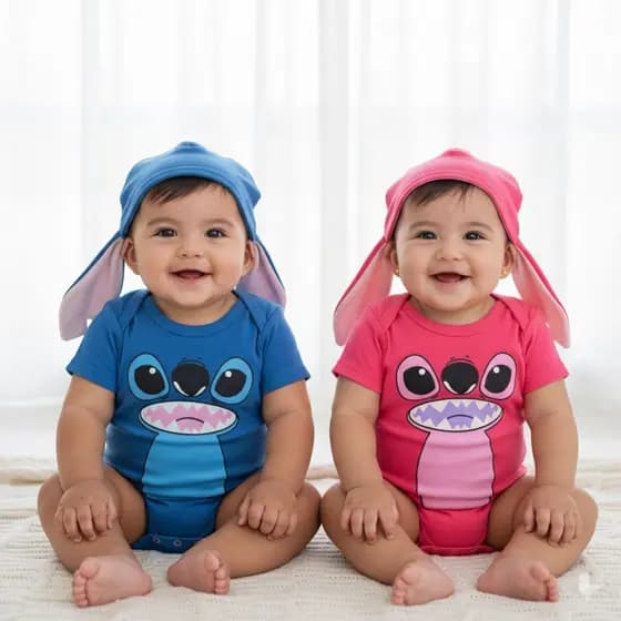 Conjunto Body Bebê Stitch + Touca Temática Menino Menina Mesversário Cores Variadas