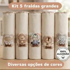 Kit 5 Fraldas de Pano Para Bebê Bordadas Coloridas 70x70cm Tecido Duplo 100% Algodão Menino Menina
