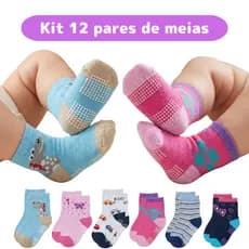 Kit 6 a 12 Pares Meia Infantil Bebê Menino Menina Antiderrapante Algodão 0 a 24 Meses Enxoval RN