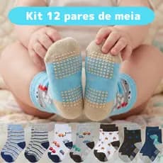 Kit 6 a 12 Pares Meia Infantil Bebê Menino Antiderrapante Algodão 0 a 24 Meses Enxoval RN