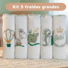 Kit 5 Fraldas de Pano Para Bebê Bordadas 70x70cm Tecido Duplo 100% Algodão Enxoval Menino Menina