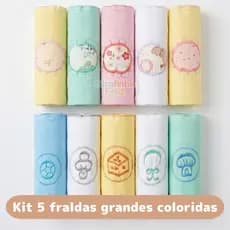 Kit 5 Fraldas de Pano Para Bebê Bordadas Coloridas 70x70cm Tecido Duplo 100% Algodão Menino Menina