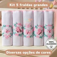 Kit 5 Fraldas de Pano Bordadas 70x70cm Tecido Duplo 100% Algodão Enxoval Menina Menino