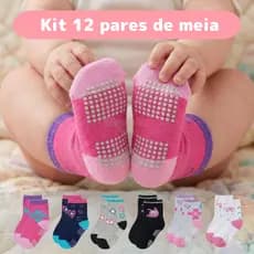 Kit 6 a 12 Pares Meia Infantil Bebê Menina Antiderrapante Algodão 0 a 24 Meses Enxoval RN
