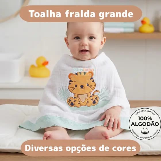 Toalha Fralda de Banho Bordada 70x110cm 100% Algodão Grande EXTRA Macia Enxoval Bebê Menino Menina