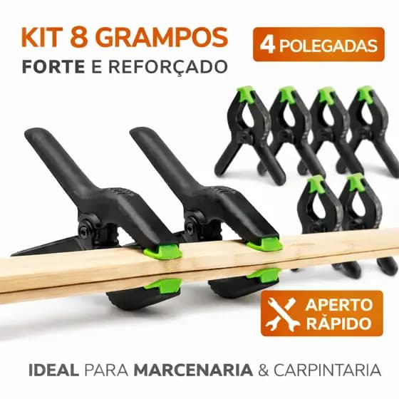 Kit 8 Grampos Sargento 4 Pol Aperto Rápido Pressão Reforçado Marceneiro Carpintaria Fixação Madeiras