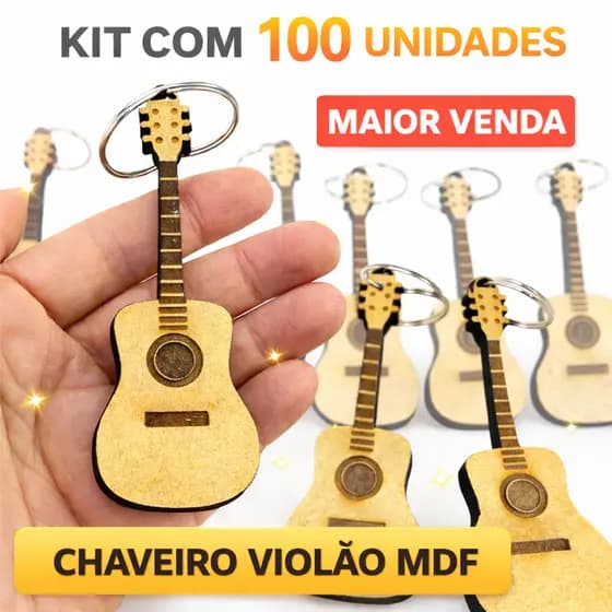 100 Chaveiros De Violão Instrumento Musical Madeira Mdf 6mm Chaveiro lembrancinha