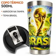 Copo Térmico Brasil 500ml Inox Tampa com Abridor Futebol Copa Cerveja Gelada Bebida Térmica Torcedor