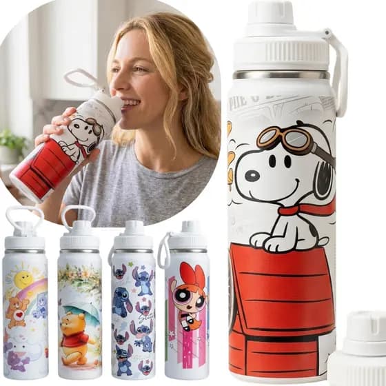 Garrafa Térmica 800ml Inox Desenho Snoopy Gravação UV com Bico Mantém Frio Quente Academia Viagem