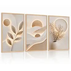Trio de Quadros Decorativos 3D Luxo  Bege e Dourado com Ilusão de Luz | Estilo Moderno Minimalista