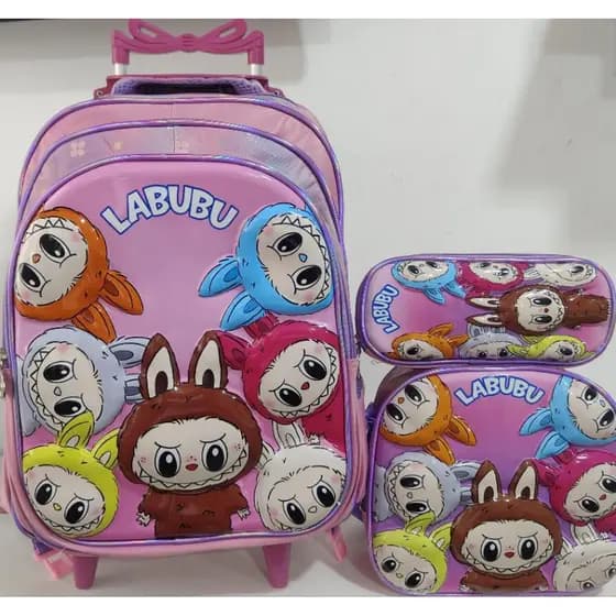 KIT MOCHILA ESCOLAR INFANTIL LABUBU COM RODINHAS/ MOCHILA + LANCHEIRA TÉRMICA + ESTOJO/ MOCHILA PARA MENINA/2026/ LABUBU