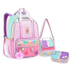 Kit 3pçs Mochila de Costas + Lancheira + Estojo Feminina Rainbow Love Just com Pompom DENLEX 2026/ Mochila para menina