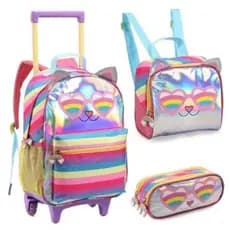 KIT MOCHILA ESCOLAR INFANTIL MENINA GATINHA COM RODINHAS / KIT MOCHILA + LANCHEIRA+ ESTOJO/MOCHILA PARA MENINA