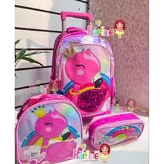 KIT MOCHILA ESCOLAR INFANTIL FLAMINGO/ FLAMINGO/COM RODINHAS/KIT MOCHILA+LANCHEIRA+ESTOJO/MODELO 2025