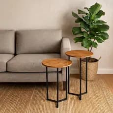 Conjunto Mesa de Apoio de Madeira com Pés de Ferro Design Moderno para Sala Sofá e Decoração Elegante