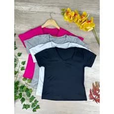 KIT 4 Camiseta feminina baby look gola V Blusa Fresquinha Visco lycra