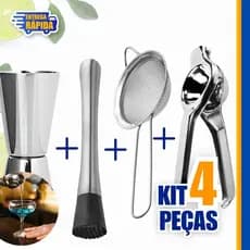 Kit 4 peças Peneira 12", Espremedor de limão,  Socador, Dosador duplo 25 e 50 ml Inox Bartender Prof