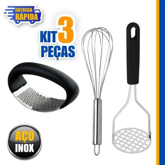 Utensílios de cozinha 1 Amassador de Batatas e 1 de Alhos e 1 Batedor de Ovo Fouet Fue 30cm