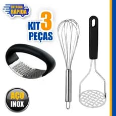 Utensílios de cozinha 1 Amassador de Batatas e 1 de Alhos e 1 Batedor de Ovo Fouet Fue 30cm