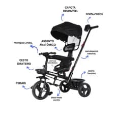 Triciclo Infantil com Empurrador e Pedal Conforto e Segurança para Crianças de 1 a 3 Anos Cor Preta