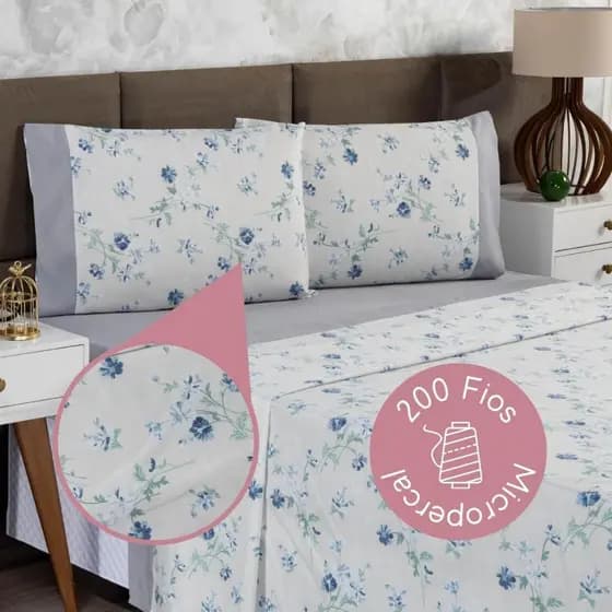 Jogo de Lençol Casal 4 Peças Estampado 200 Fios Floral Casa Dona