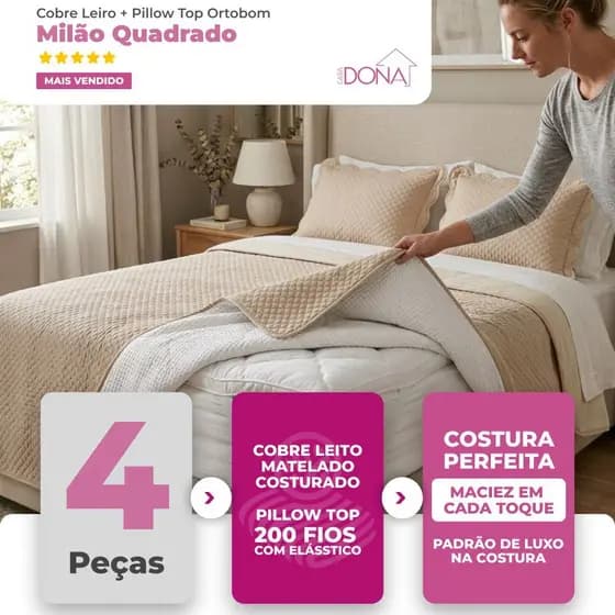 Kit Pillow Ortobom 200 Fios 100% Algodão Hipoalérgico Mais Colcha Casal 3 Peças Macio Dupla Face