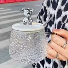 Caneca Copo de Vidro Bear Ursinho Com Tampa Colher 320ml Para Chá Café Leite Cappuccino Diferente