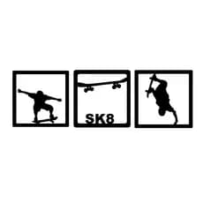 Kit 3 Quadros skate skatista Decorativos Mdf preto Vazado com fita dupla face decoração