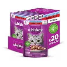 Caixa Alimento Úmido Whiskas Sachê Peixe Gatos Castrados 85g com 20 saches